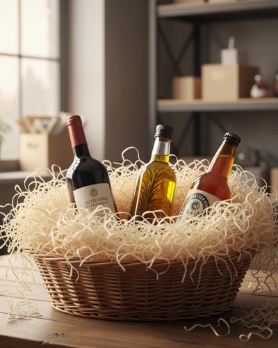 Geschenkkorb mit Holzwolle und Flaschen